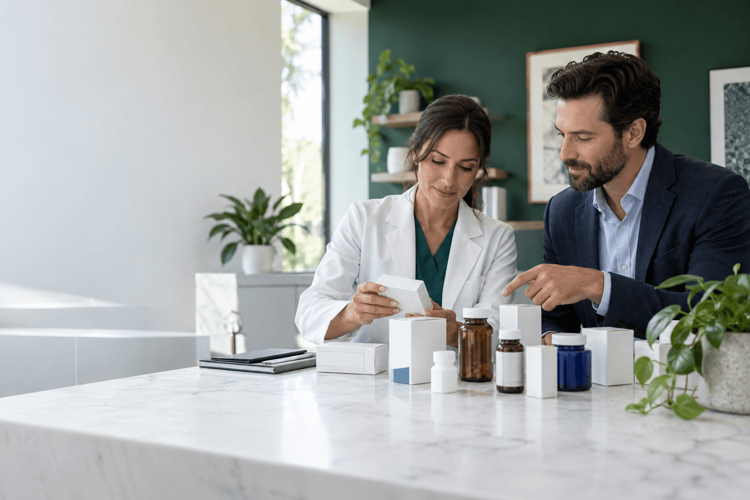 Clinic and pharmacy professionals reviewing unbranded medication options
