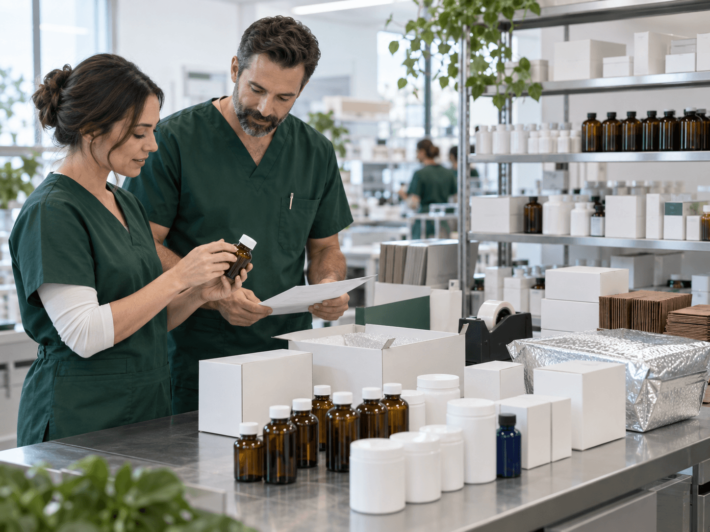 Pharmacy professionals working in a compounding and fulfillment environment
